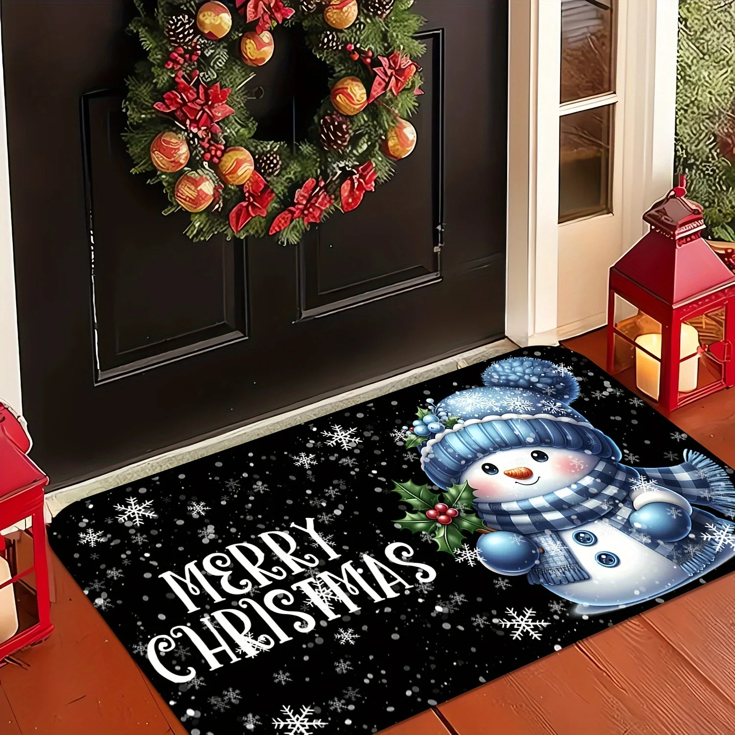 Red Bow Golden Bell Holly Pine Cone Print Anti Slip Front Door Mat Classic Christmas Seasonal Entryway Decor Rug