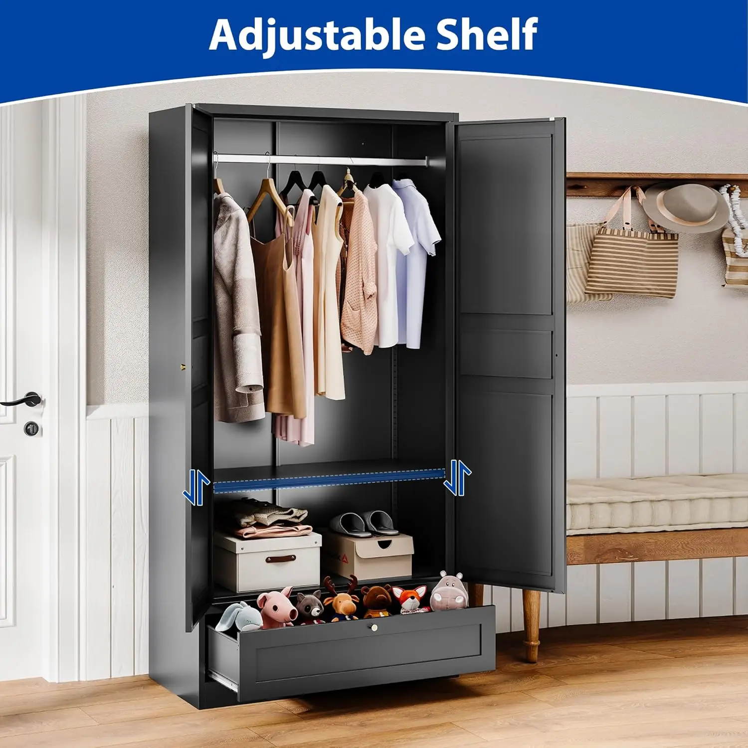 Metal Armoire Wardrobe Closet with 2 Doors 72'' Wardrobe Cabinet with Drawers and Hanging Rail Metal Closet with Adjustable。