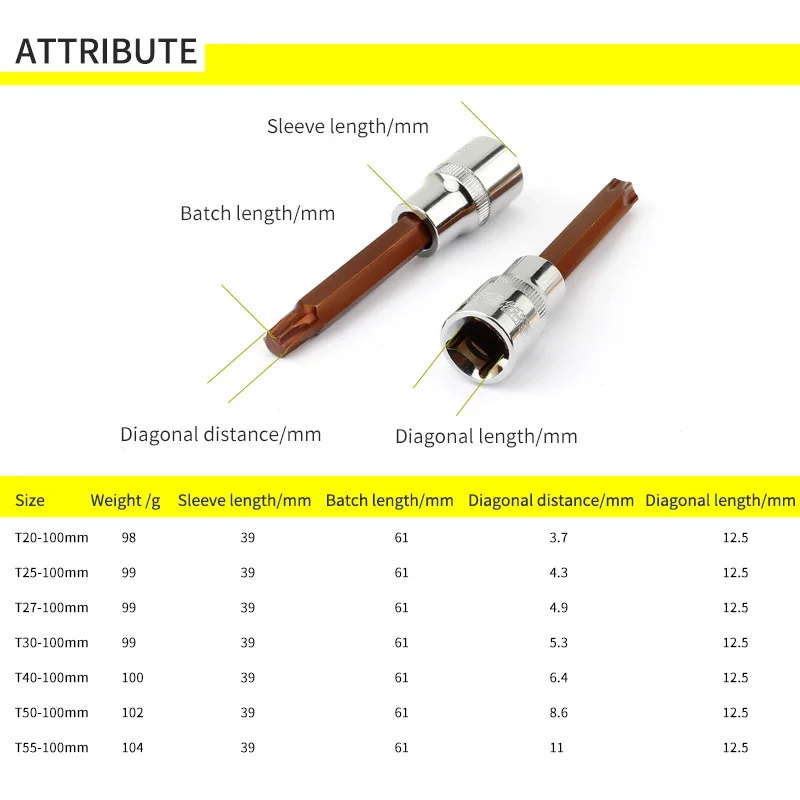 1/2 Torx 비트 소켓, S2 스타 비트 어댑터, 토크 스패너 래칫 소켓 렌치 T20 T25 T27 T30 T40 T50 T55, 1 개