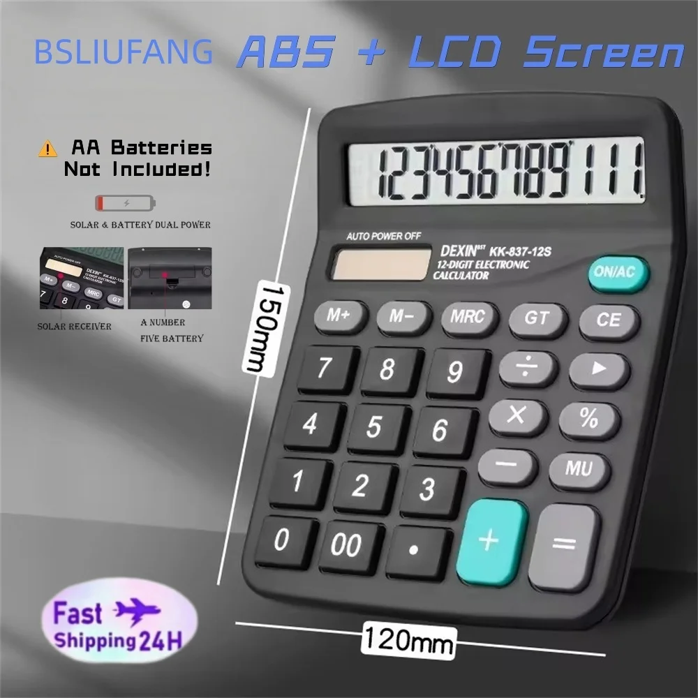 12-Digit Large LCD Display Calculator Standard Function Calculator with Solar & Battery Dual Power for Home Basic Desktop Office