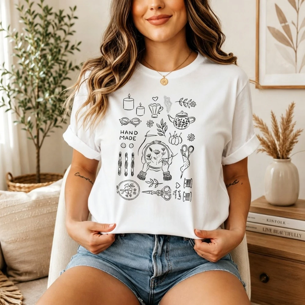 Craft Sewing Women Graphic T Shirt Hand Made Embroidery Tool Vintage Line Art Print Tees Crafter Women T Shirt