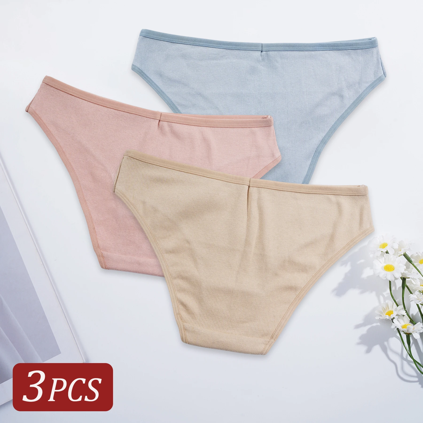 3PCS Simple Comfortable Low Waist Cotton Underpants for Women Breathable Panties Fresh Style Girls Daily Underwear Briefs