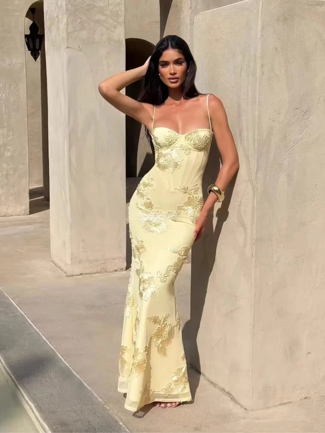 Vestido largo de Jacquard albaricoque Flora Slash Meck para mujer, sin mangas, con tirantes, elegante, Vintage, ceñido al cuerpo, ropa larga elegante para mujer