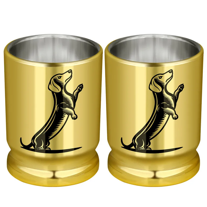 2 sztuki / zestaw 3.2oz Dachshund Design 50 Caliber Bullet Shot Cups Golden Plastic Shot Glasses for Wedding Celebration Party Drinkware