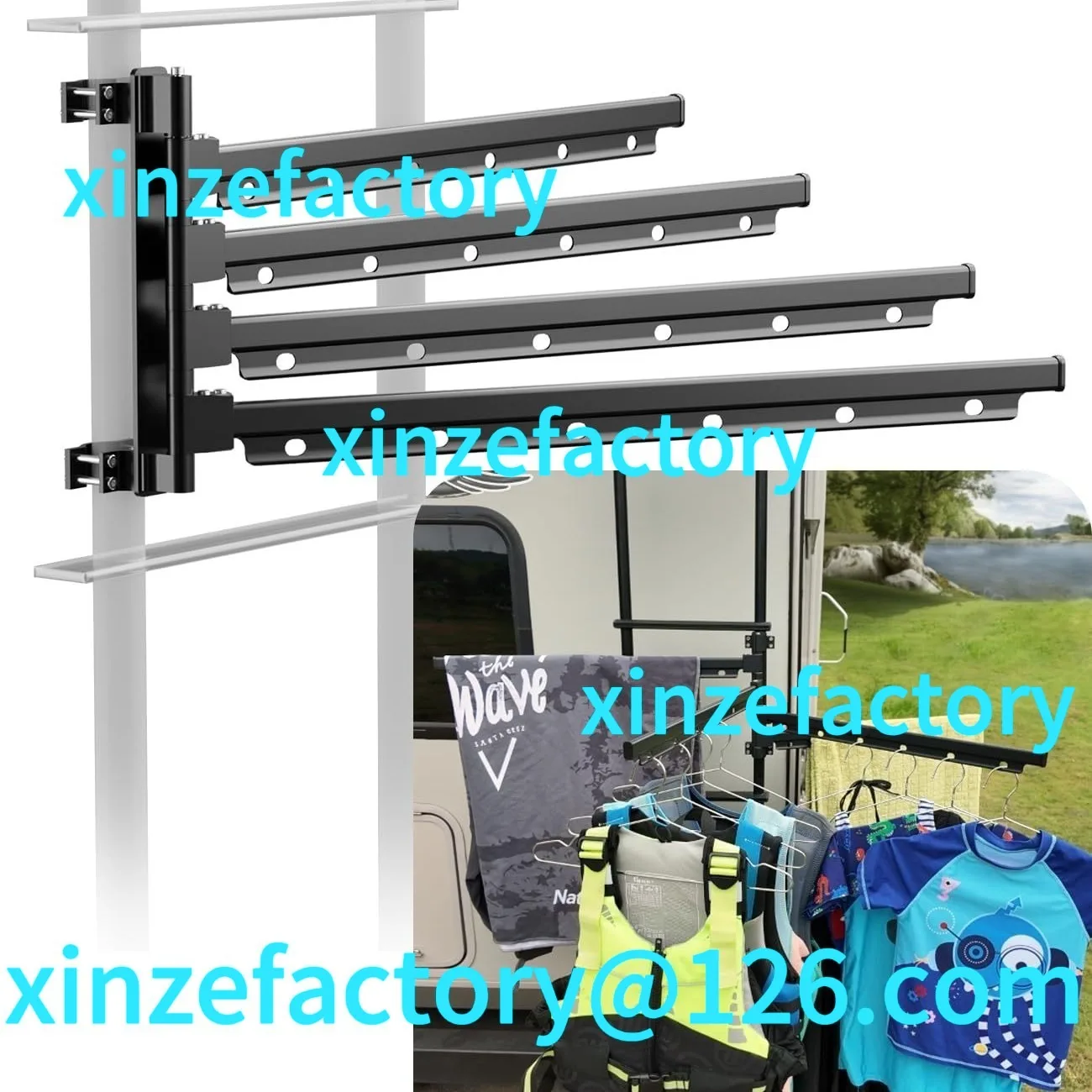 

Customizable aluminum, laundry drying rack mounted on a ladder
