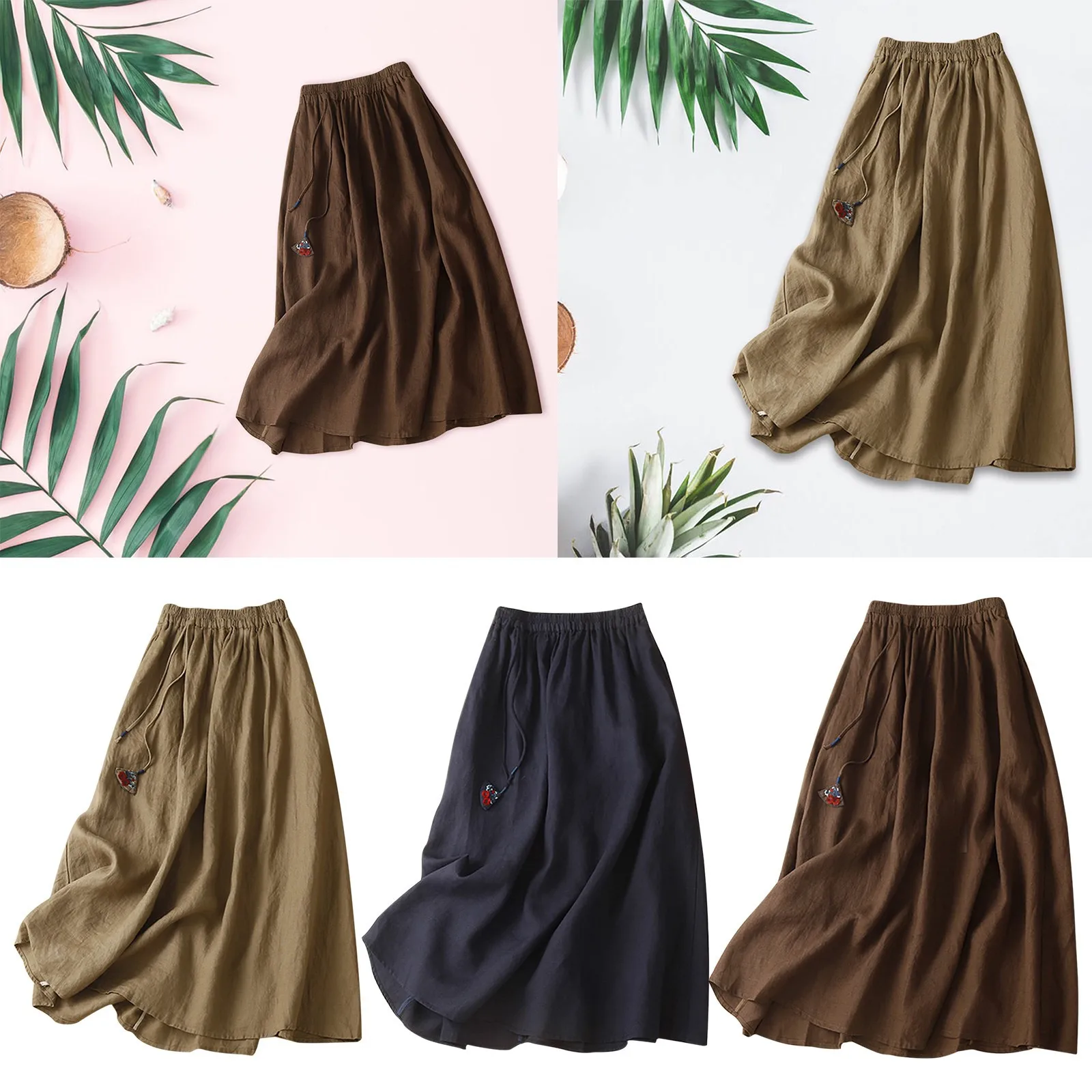 Rok wanita kasual serbaguna, Rok Wanita Linen elastis pinggang A Line panjang setengah, longgar warna Solid, rok setengah panjang