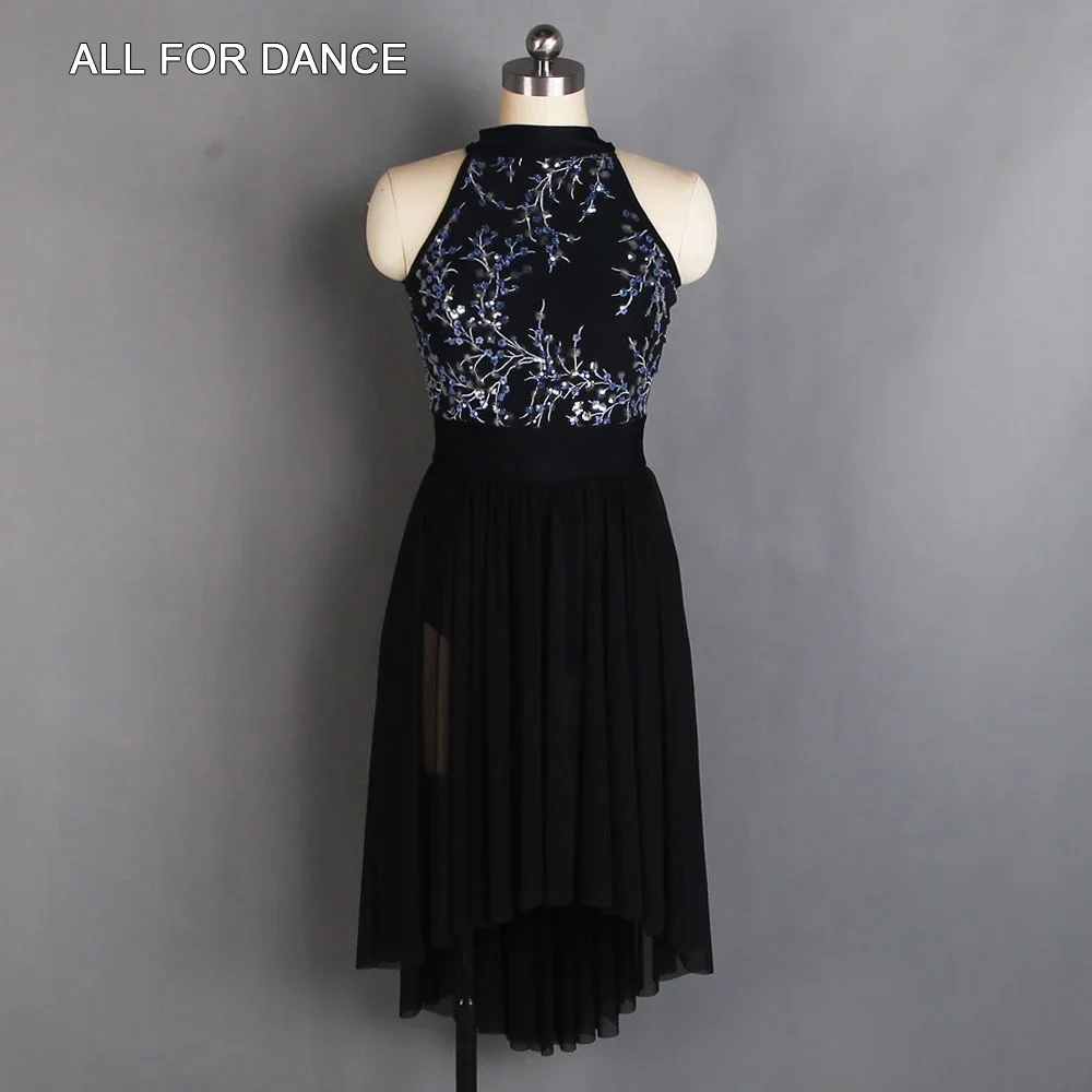 

20191 Halter Neck Lyrical and Contemporary Dance Costume Black Spandex and Sequin Bodice Long Mesh Dress for Ballet Dancing