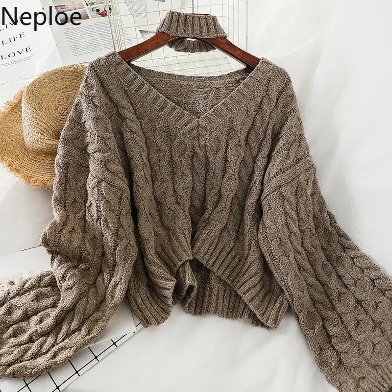 Neploe Winter Twisted Pullover Sweaters Female Knit Long Sleeve V Neck Crop Sweater Tops Korean Y2K Halter Jumper Pull Femme