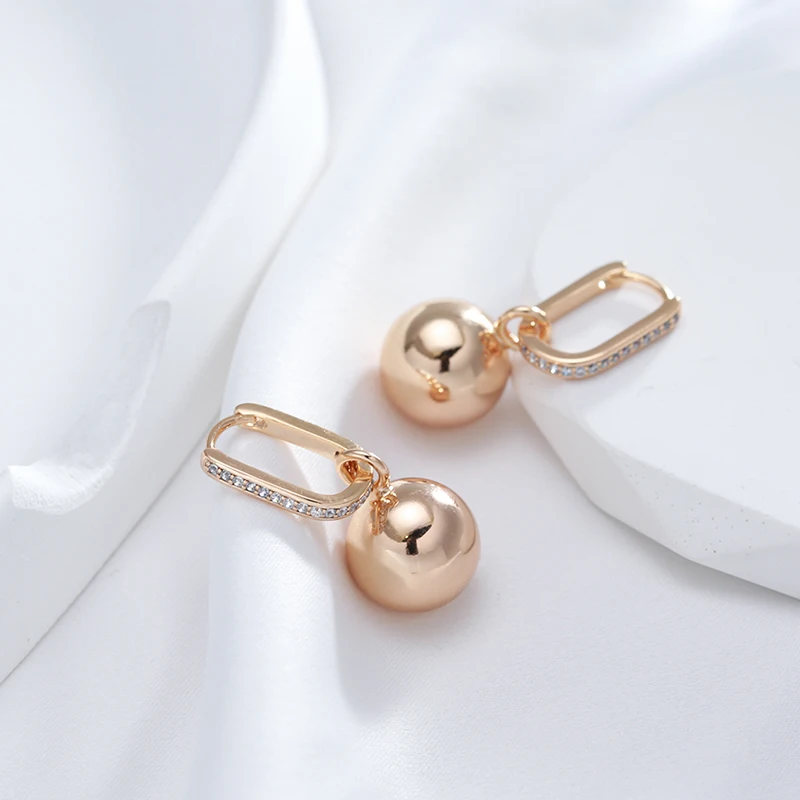 Kinel New Retro Glossy Spherical Long Earrings 585 Rose Gold Color Fashion Wedding Jewelry Unique Modern Metal Drop Earrings