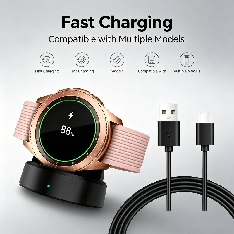 Carregador sem fio portátil para samsung galaxy watch 3-8 active 1-2, com cabo usb, carregamento rápido, casa, escritório, quarto, uso diário