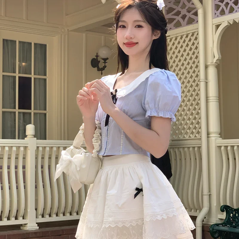 2024 New Summer Blue Tight Waist Bow Ruffled Collar Short Sleeves Top White Pettiskirt Lace Edge Hollow Out Suit For Girls