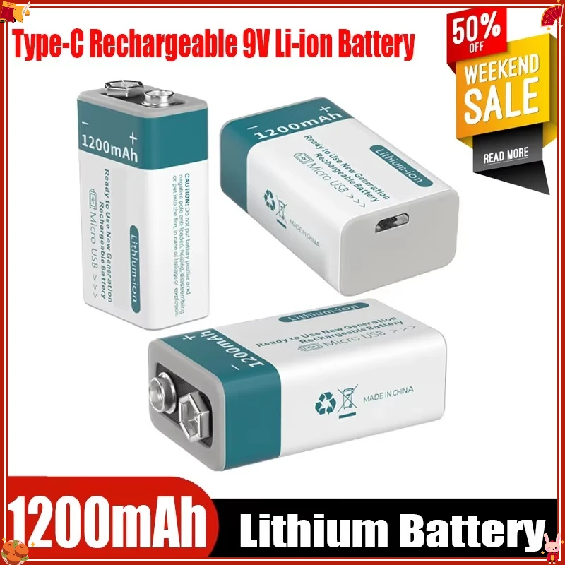 USB 9V Rechargeable Battery 1200mAh Type-C Rechargeable 9V Li-ion Battery for Helicopeter Model Multimeter Smoke Alarm