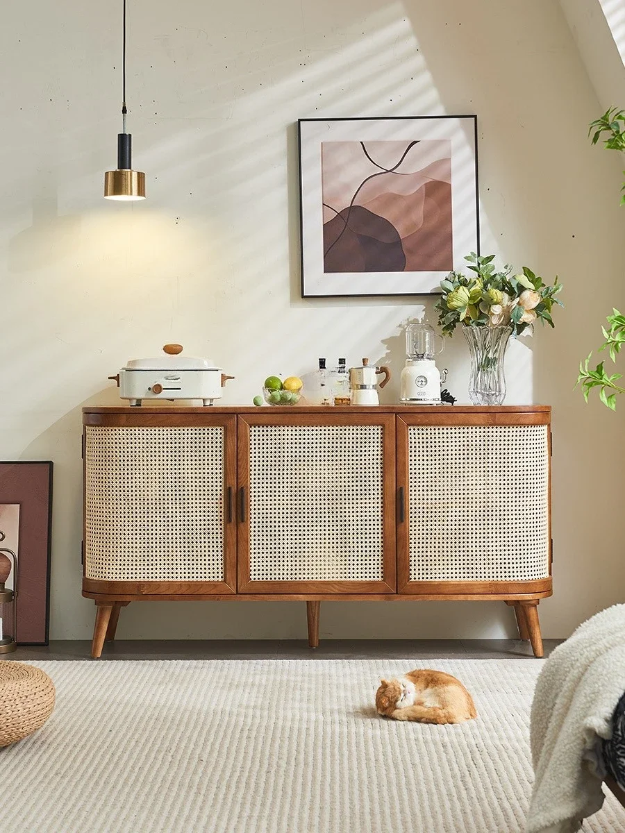 Wabi-sabi retro living room solid woo d three-door rattan cabi net locker Japanese side cabinet entrance cabinet
