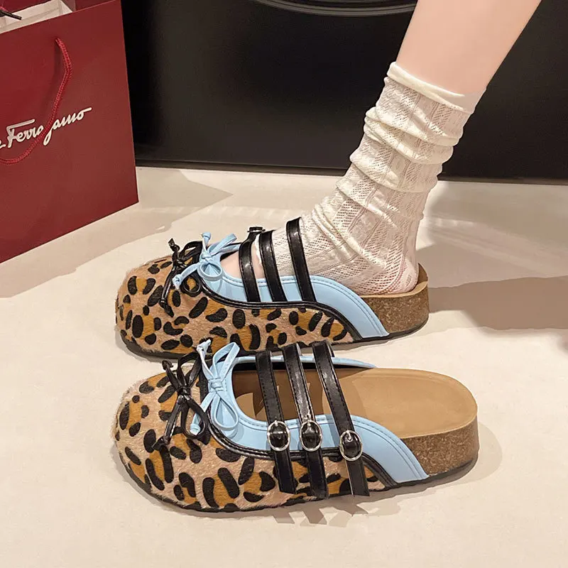 

Summer Women's Bag Head Platform Slippers Senior Sense Comfort Soft Sole Half Drag Fashion Leopard Print Cow Figure Womens Shoes