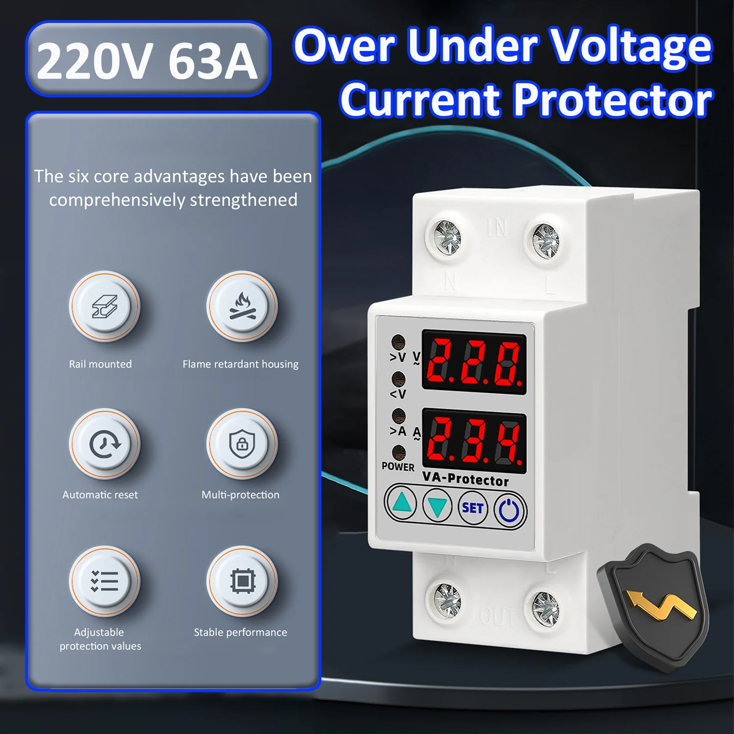 

220V63A Din Rail Adjustable OverUnder Voltage Current Protector Intelligent Relay Current Protector Auto Reset Protection Device