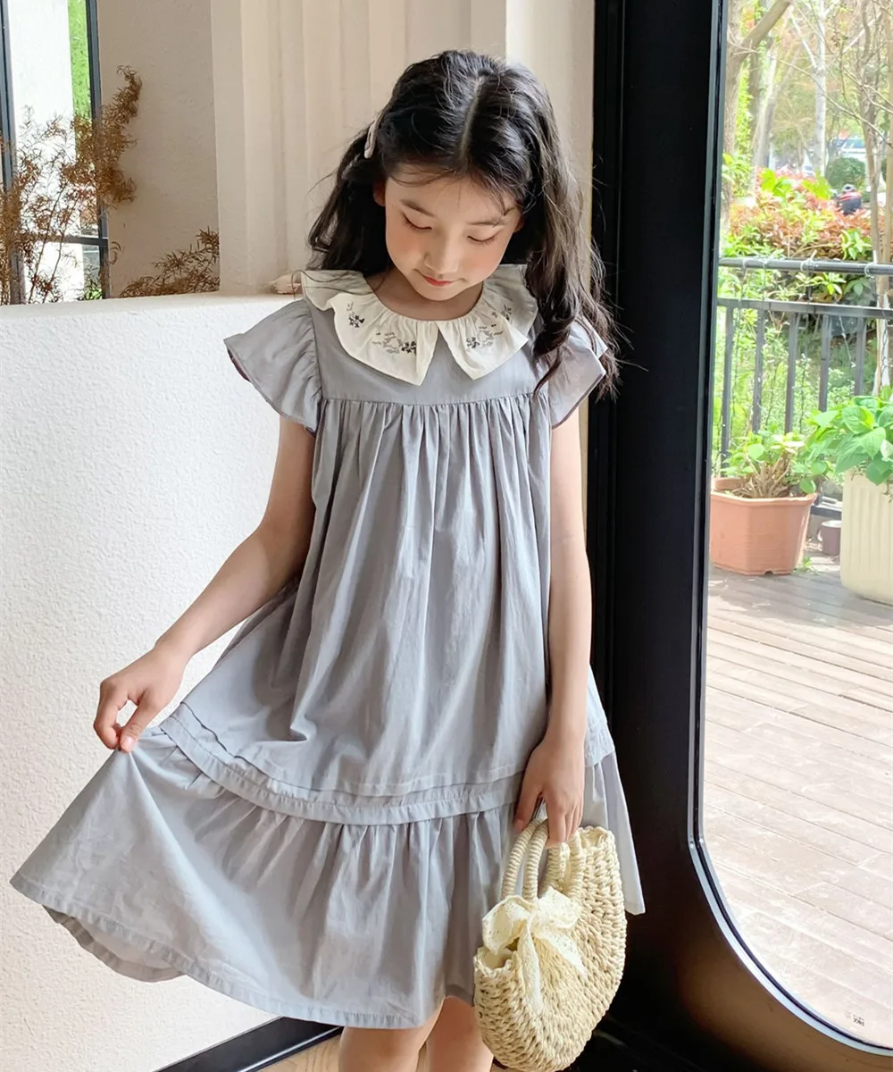 

summer dress kids clothes girls Summer girls' embroidered lapel dress Rural style short sleeved sweet dress