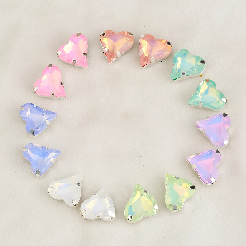 RESEN 12x13mm 30pcs Crooked Heart Sew On Crystal Stone Sliver Claw Setting Glass Mocha Opal Rhinestone for DIY Sewing Garment