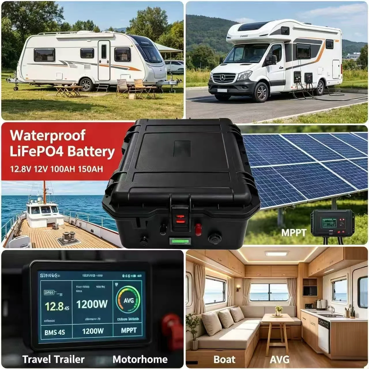 waterproof Lifepo4 12.8V 12V 100AH 150AH lithium battery BMS 4S for 1200W travel trailer motorhome Boat MPPT AVG RV