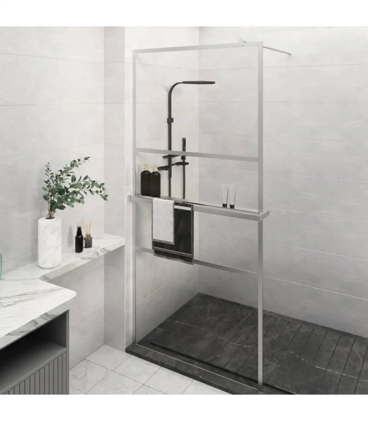 Shower walls and screens bathroom with shelf ESG glass and chrome aluminum 80x195 cm