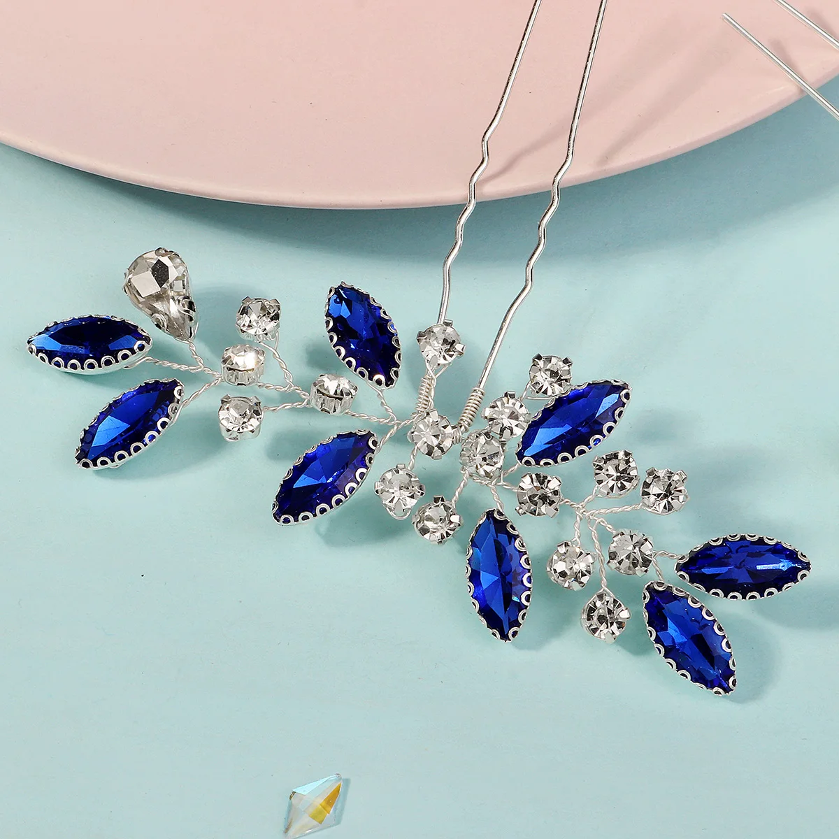 2PK/Set Romantic Blue Handmade Hairpin Luxury Rhinestone Unique Women's Hair Accessory Wedding Bridal Headwear image 5