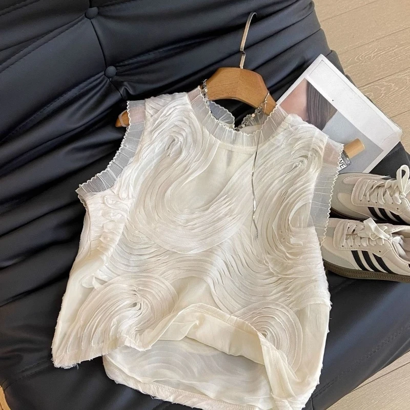 Fashion Ladies Shirt 2026 Summer French Style Elegant Ruffled Sleeveless Chiffon Blouse Women Office Work Wear Casual Tops
