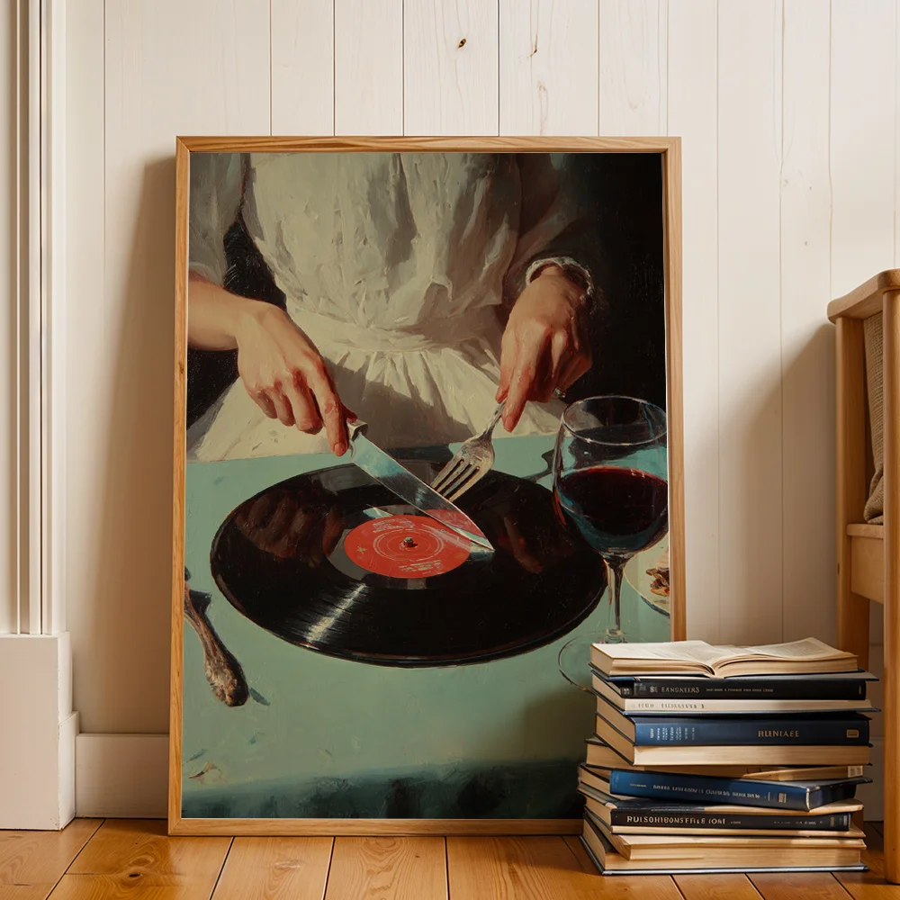 Vintage Fun Vinyl Record With Cutlery Canvas Poster Wall Art,2D Print Wall Decor,Art Home Decor For Living Room Dining Room