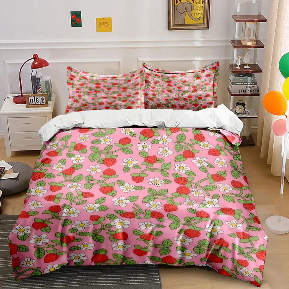 Strawberry Floral Decorative Set Soft Comfortable Duvet Cover Bedding Set Included 1*Duvet Cover & 2*Pillowcases, gift