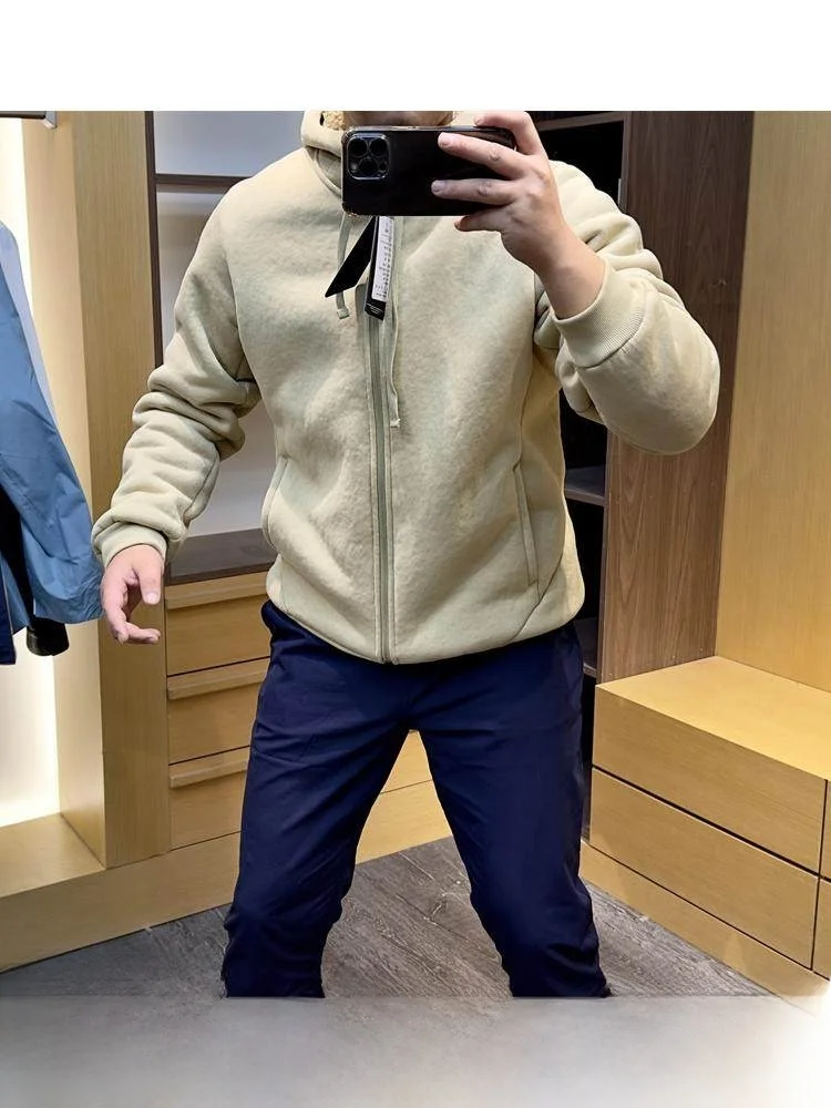 

Thiened Lamb бархатный открытый кардиган с капюшоном, толстовка для улицы, мужская зимняя куртка-стойка, длинный све, молодежная мода