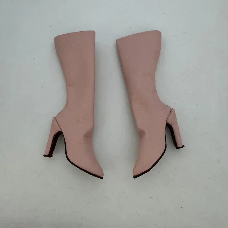 1/6 Scale Female Pink High-Heel Pu Leather Wide Mouthed Shoes Mid-calf Hollow Boots Model for 12