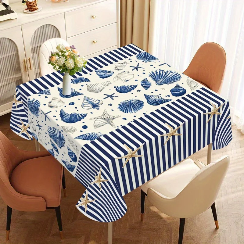 Polyester tablecloth, ocean-themed tablecloth, seashell, starfish, and shell pattern tablecloth.