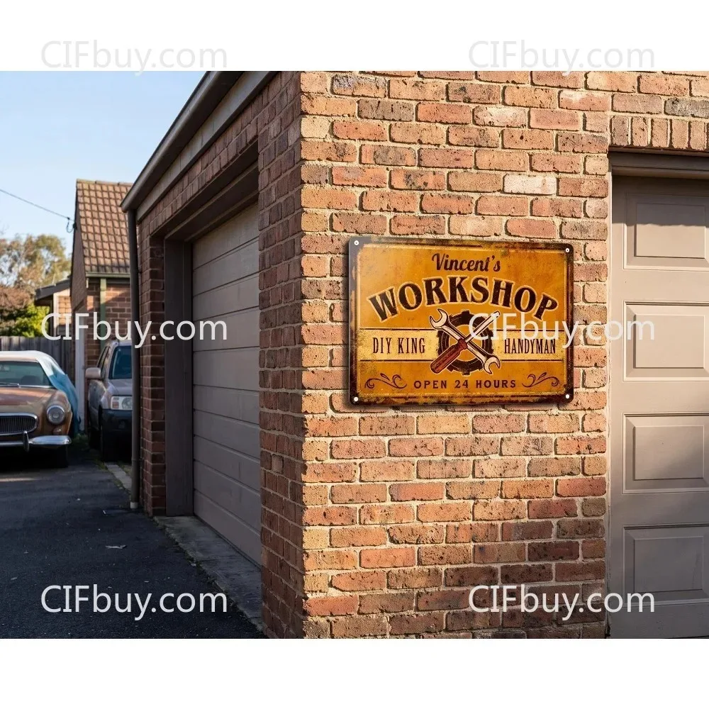 CIFbuy 2D Flat Custom Workshop Metal Sign, Personalized Name Plaque, Garage Man Cave Decor