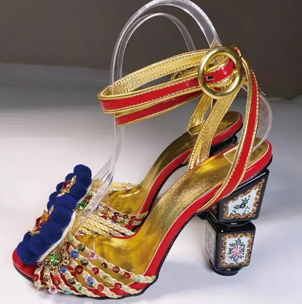 الصيف أضاليا زهرة الأزهار مكعب صندل كعب عالٍ اللمحة تو جوهرة كريستال متعدد الترتر حزام انقطاع امرأة مأدبة فستان الأحذية