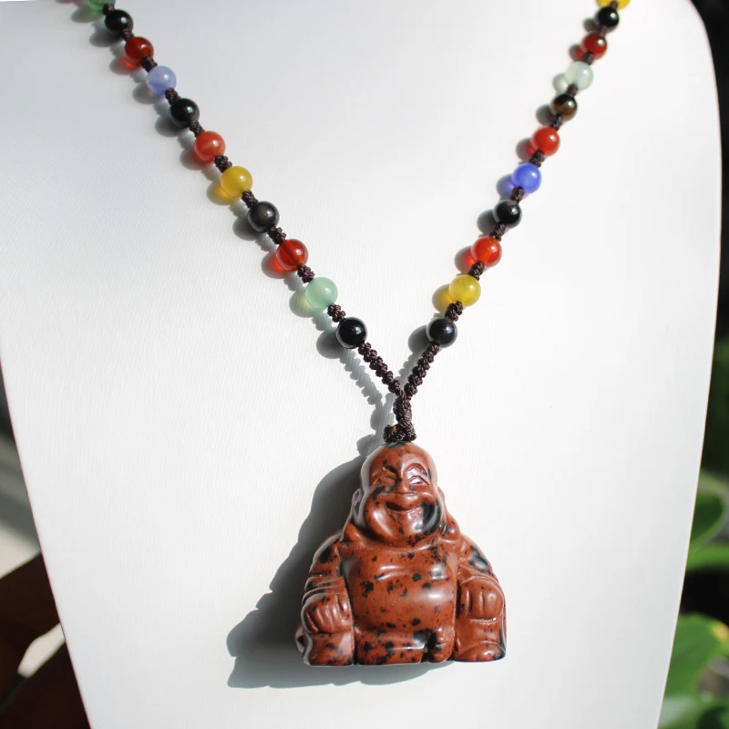 Unit One Piece Natural Red Mahogany Obsidia Gemstone Crystal Laugh Buddha Carving Necklace Pendant With Natural Agate Bead Chain