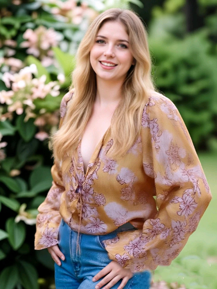 

New Long Sleeve Loose Printed Women Shirt Fashion Office Lace Up Spring and Autumn Vacation Blouse Flower Casual Ruffle Thin Top