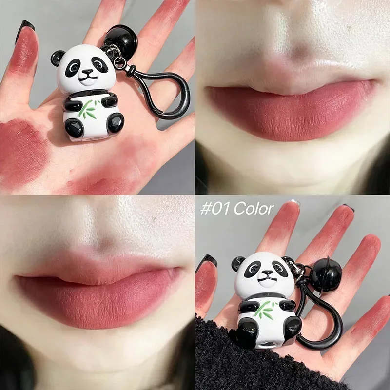 Bonito panda batom veludo fosco lábio-mud hidratante vermelho brilho labial esmalte sexy matiz labial maquiagem pequeno sino chaveiro cosméticos