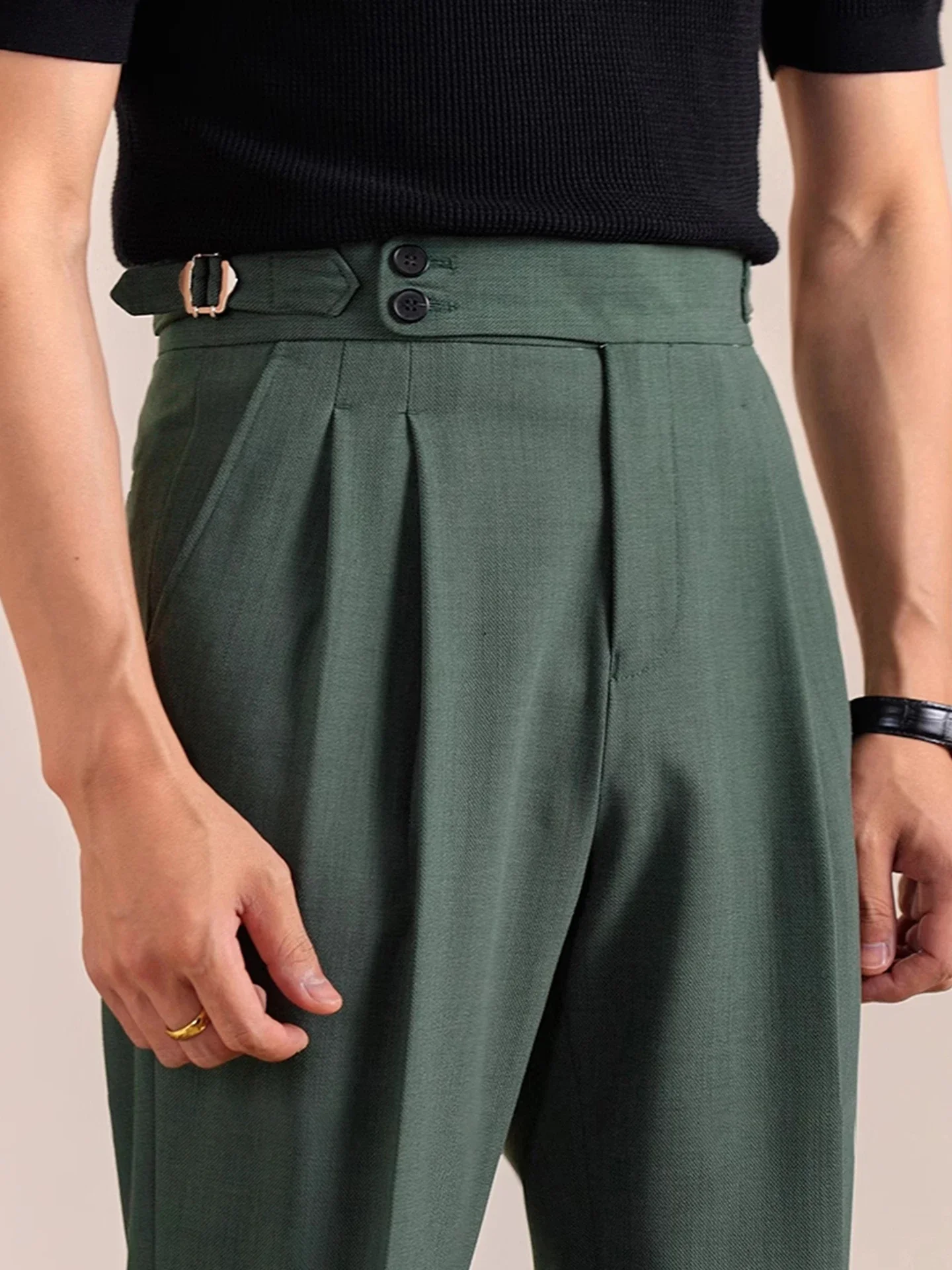 New Italian British Style Men's Business Casual High Waist Pleated Paris Button Double Fold Welt Pants No Ironing Needed