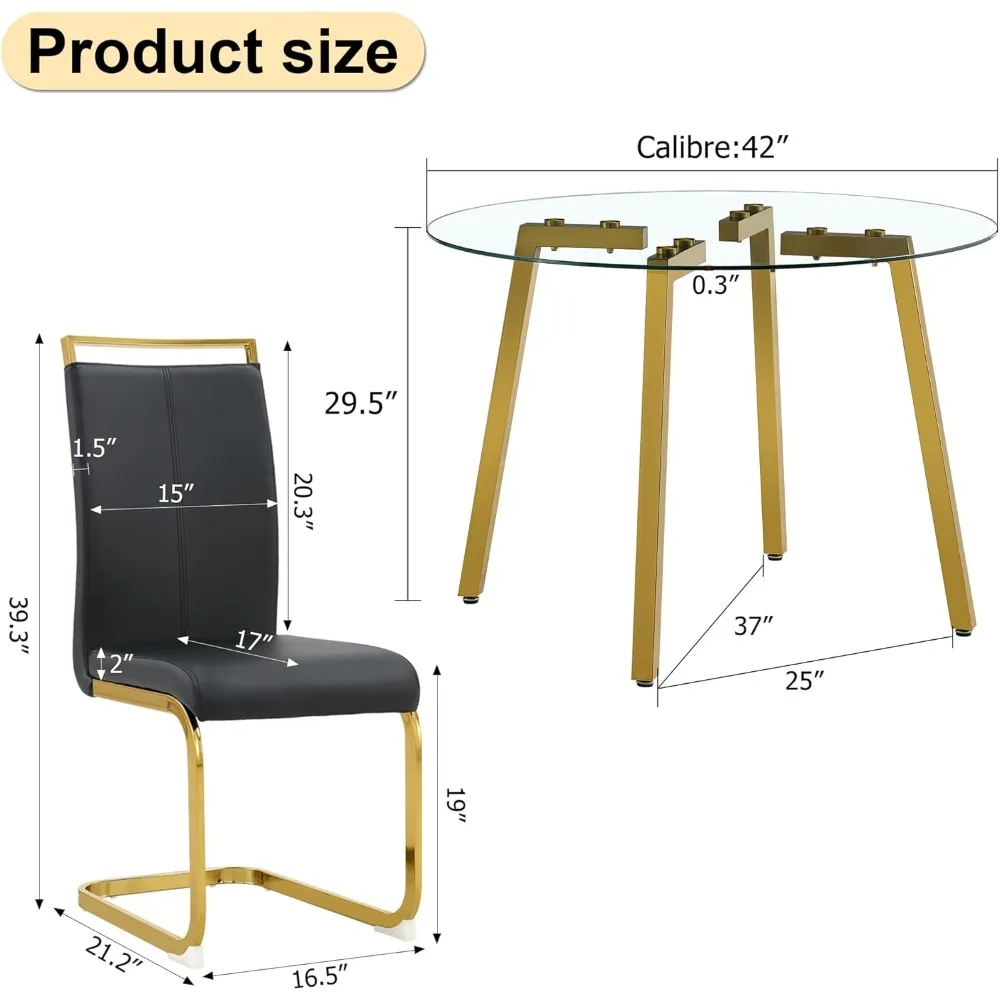 5 Piece Dining Table Set for 4 42inch Round Dining Table Set Tempered Glass Table Top with 4 Luxury Metal Legs