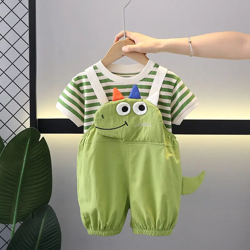 Summer Kids Boys Clothing Toddler Casual Dinosaur Clothes Strips T Shirt Cartoon Bib Short Pants 2Pcs/Set Children Costume Suit