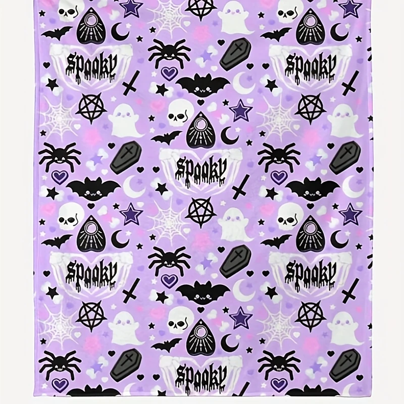 1pc Pastel Gothic Style Blanket - Gothic Featuring Bat, Spider, Skull, and Moon Patterns in Soft Lilac-pink Tones, Made of Soft