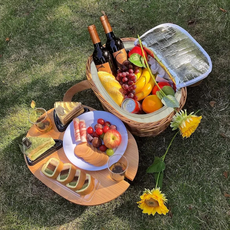 Wicker Picnic Basket Set for 2 with Mini Folding Wine Picnic Table & Large Insulated Cooler Bag & Cutlery Service Kits