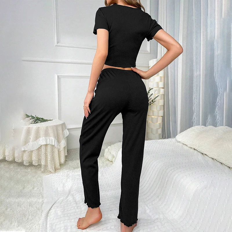 Women\'s Pajamas Set Stretch Wave Edge Short Sleeve Long Pants Sleepwear Crewneck T-shirt top Trim Bow pyjamas Loungewear Autumn