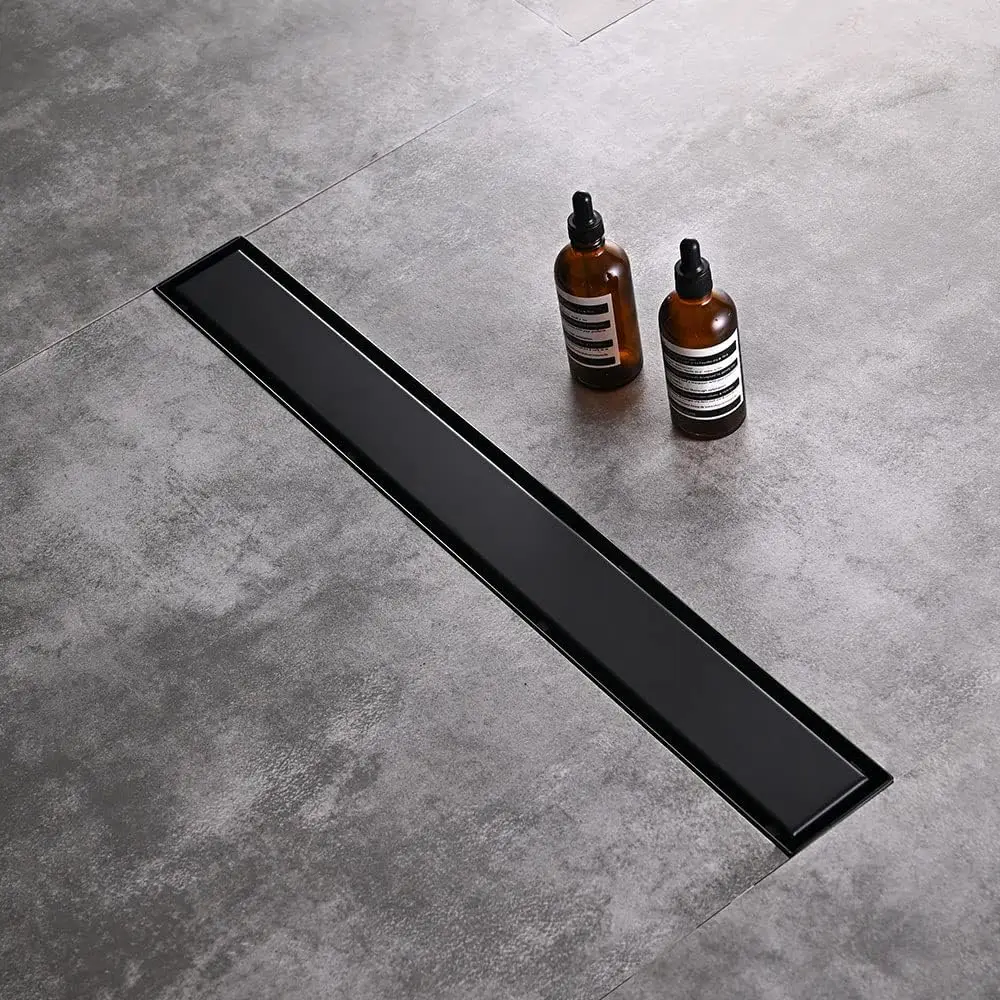 

Black Modern Linear Shower Floor Drain 24 Inch 304 Stainless Steel Rectangular Trench Drain Kit Reversible Tile Cover Hair