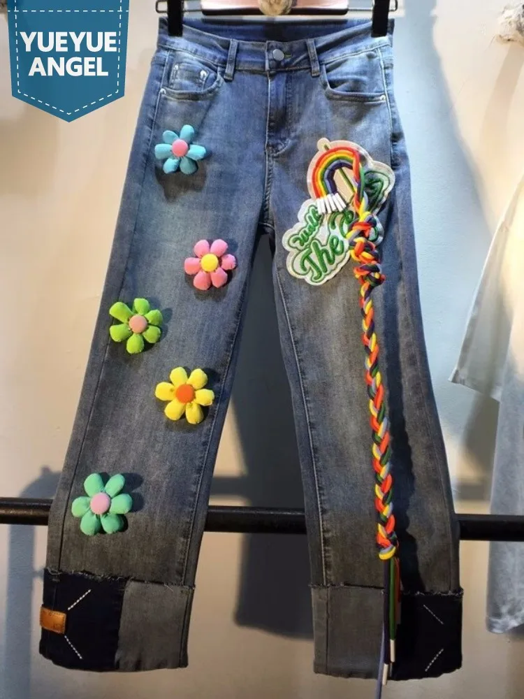 Fashion Flower Designer Women Jeans Vintage Spring Casual Trousers Streetwear High Waist Tassels Female Straight Leg Denim Pants