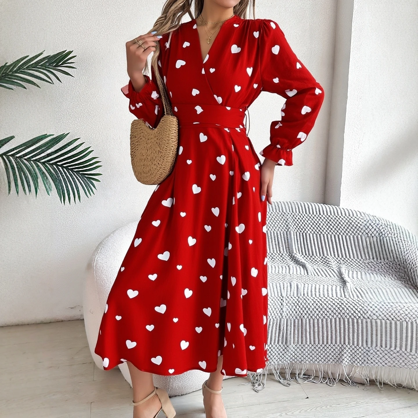 YuooMuoo Chic Mode Hart Print Esthetische Vrouwen Jurk 2026 Nieuwe Collectie Elegante Vintage Sjerp Bandage Lange Feestjurk Vestidos