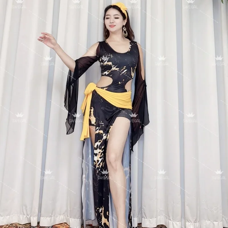 Customized Swegal Belly Dance Costumes Irregular Leopard Pattern Robe Advanced Slimming Oriental Dance Dress Practice Outfit
