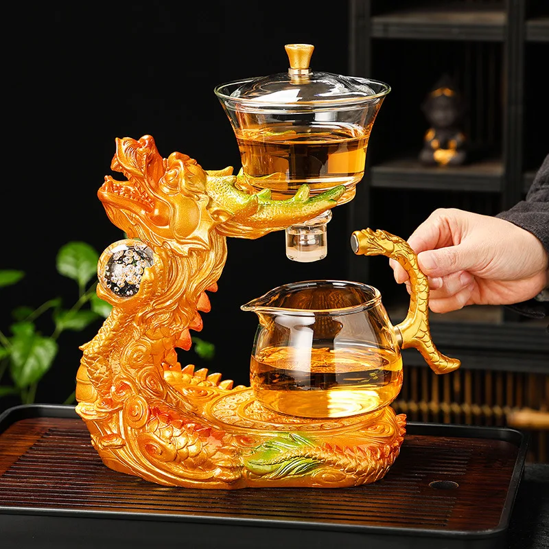Glass Tea Set Lucky Dragon Magnetic Self Brewing Teapot Kung Fu Home Gift