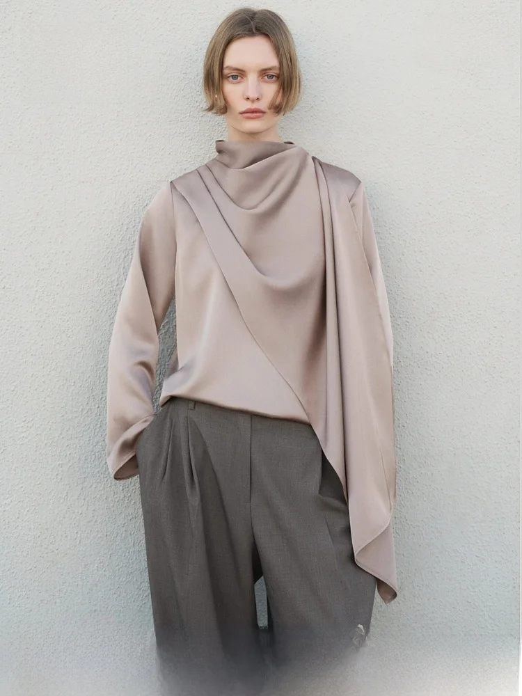 

Новый весенний женский атласный дизайн с запахом на плечах, повседневный длинный све, полиэфирное волокно, обычный, тонкий, асимметричный