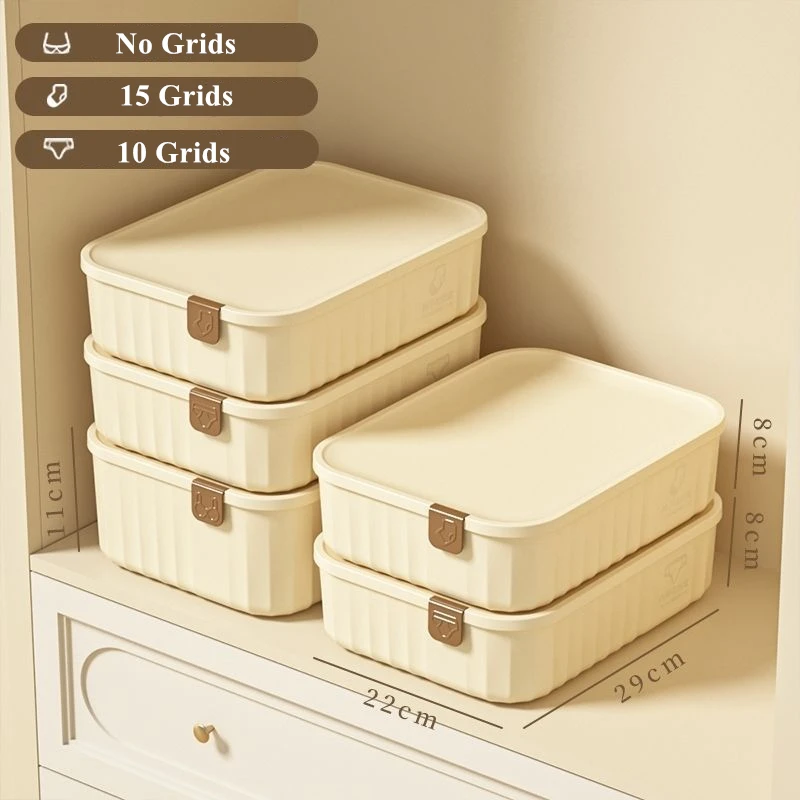 1/10/15 Grid Beige Plastic Underwear Storage Box with Mark Cover Closet Organizer Drawer for Underwear Socks Bra Divider Boxes