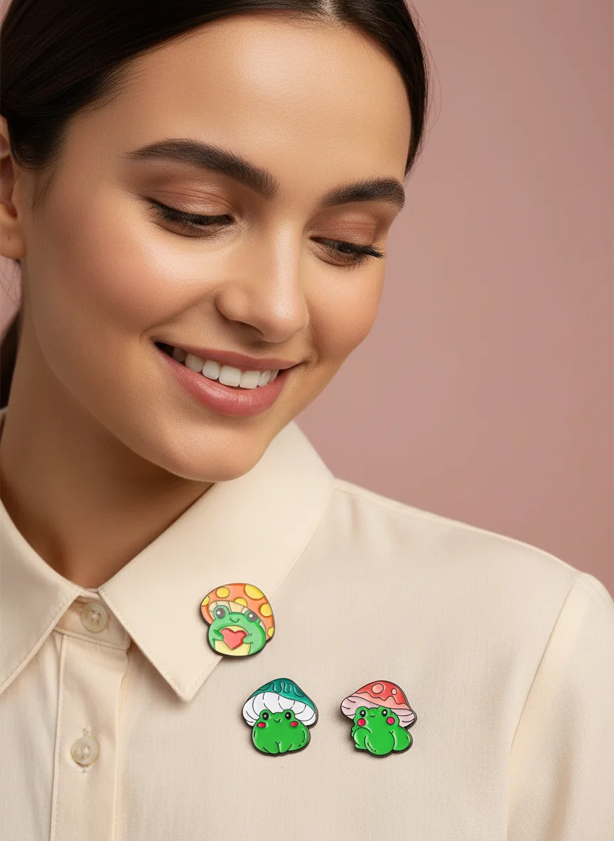 Cute Mushroom Frog Enamel Pins Heart Hugging / Banjo Playing / Blush Cheek Themed Lapel Badges Brooch for Denim Jackets