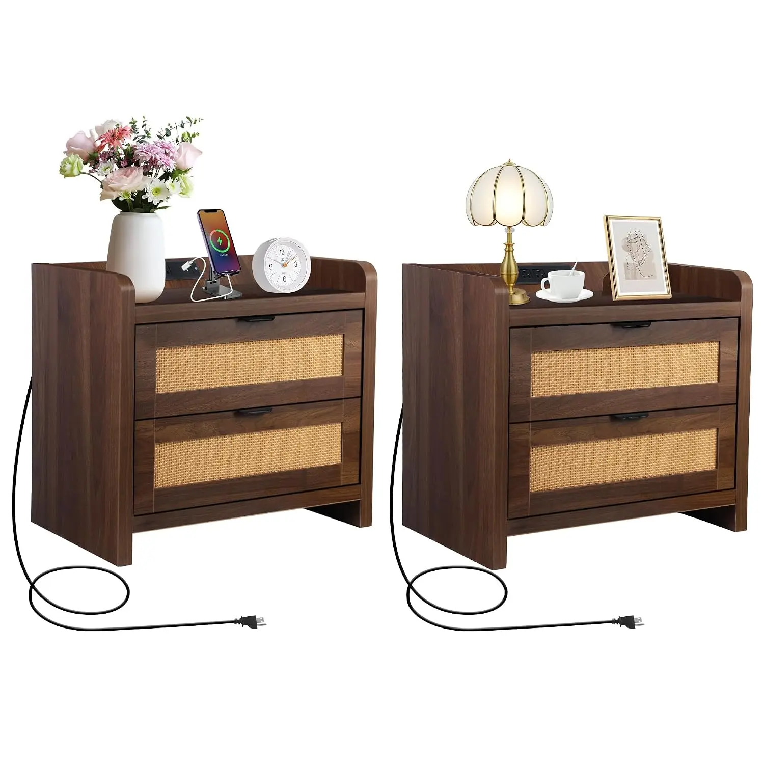 Rattan Nightstand Set Of 2 Type-C Charging 2 Drawers Farmhouse Bedside Table Boho End Table Bedroom Living Room, Customized